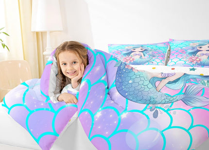 Erosebridal Kids Mermaid Full Size Comforter Sets for Girls Blue Pink Sparkle Mermaid Bedding Pastel Fish Scale Bedding Comforter Sets Coastal Beach Duvet Insert for Toddler Teen Cartoon Bed Set 3pcs