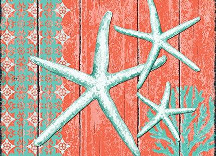 Gango Home Décor 4 Lovely Teal and Coral Ocean Seashell Sand Dollar Seahorse Star Fish Collage; Nautical Decor; Four 12 by 12-Inch Canvases