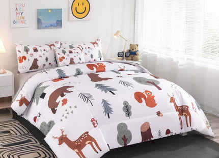 BYHOFMLY Queen Comforter Set for Boys 6 Pieces Forest Theme White Bedding Set with Sheets Woodland Animals Printed Teen Boy Bed in A Bag for All Season (Forest, Queen)