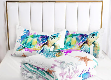 Watercolor Sea Turtle Comforter Set Queen, Tie Dye Ink, 2 Pillowcases