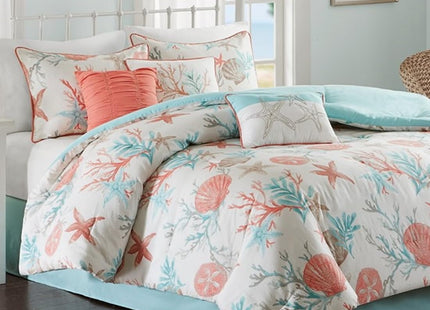 Island Living Coral & Teal Seashells, Starfish, Beach Queen Comforter Set (7 Piece Bed in A Bag)