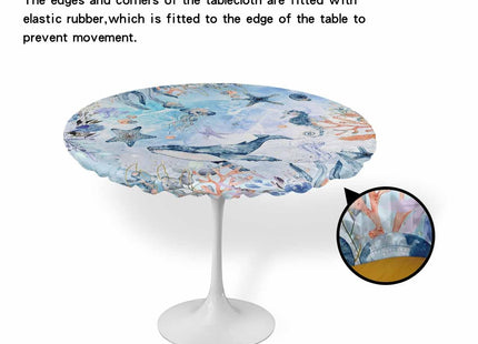 EwdeWwo Whale Elastic Round Tablecloth, Blue Ocean Creature Sea Horse Starfish Watercolor Style Fitted Tablecloths for Round Table Oil-Proof Waterproof Table Cloth (Fit for 36" - 44" Round Tables)