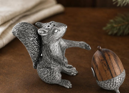 Vagabond House Pewter Squirrel with Wood Acorn Salt and Pepper Shaker Set Fall Harvest Tableware 3 inch Tall