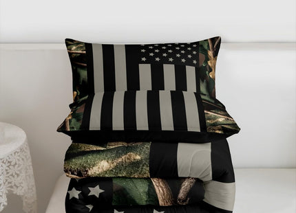 Camo American Flag Comforter Set Twin Woodland Military Hunting Bedding Set Army Green Tree Branch Camouflage Comforter for Boys Teens Adults Men,Grey Black USA Striped Flag Bedding Quilted 2 Pcs