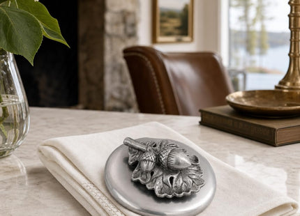 Arthur Court Acorn Oak Leaf Napkin Weight | Decorative Metal Napkin Holder for Outdoor Use | 3.75 Inch Diameter