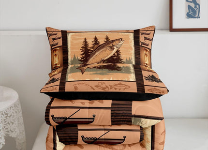 Feelyou Fish Comforter Set Kids Ocean Animals Comforter for Boys Teens Go Fishing Bedding Set Breathable Farmhouse Theme Wood Grian Brown Duvet Set King Size Quilt Set