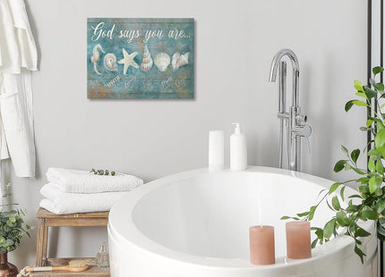 Ocean Beach Nautical Seashell Starfish Wall Art God Says You Are Wall Decor Rustic Shell Coastal Theme Pictures Canvas Prints Framed Modern Artwork for Home Living Room Bedroom Bathroom 16"x12"