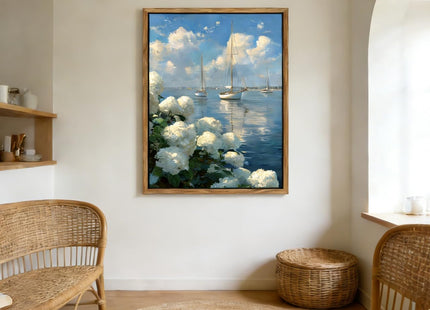 Framed Coastal Hydrangea Sailboat Canvas Wall Art, Blue Seascape Painting Picture with White Hydrangeas, Coastal Wall Decor Artwork for Living Room Bedroom Beach House（12x16in）