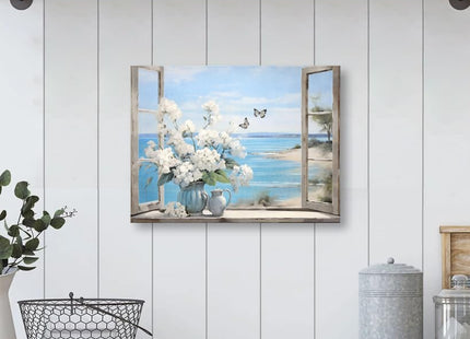 Lake House Pictures Wall Decor - Lakeside Outside Rustic Window Canvas Art Print - White Flower Bouquet and Butterflies by the Lake Poster for Farmhouse Bathroom Bedroom Decoration Frame 12"X16"