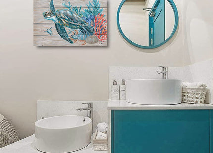Sea Turtle Bathroom Wall Decor: Teal Coral Canvas Wall Art Sea Turtle Painting Gifts for Turtle Lovers Women Bedroom Office Home Decorations Rustic Swimming Turtle Picture Print Framed 24"x16"