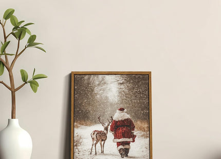 Vintage Christmas Santa Deer Framed Wall Art Snowy Forest Canvas Art