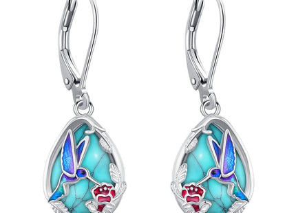 LOOVE Hummingbird Earrings Sterling Silver Filigree Turquoise Earrings Bird Dangle Earrings for Women Teardrop Leverback Earrings Hummingbird Jewelry Turquoise Gifts