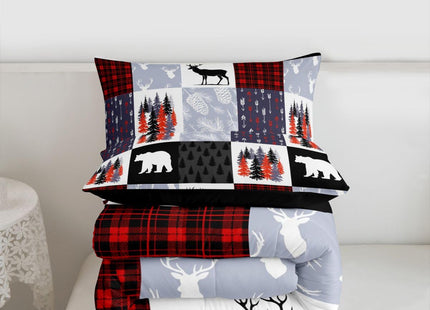 Teens Hunting Moose Deer Comforter Set,Christmas Bear Trees Vines Patchwork