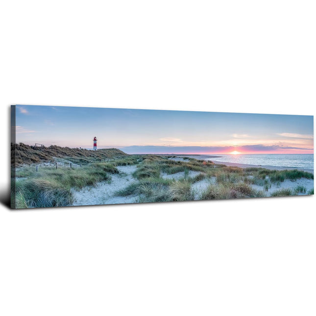 Beach Wall Art Coastal Wall Decor Sunset Lighthouse Landscape Canvas Prints Modern Horizontal Ocean Scenery Pictures Nature Seascape Painting Artwork for Living Room Bedroom Home Decoration 14x48"