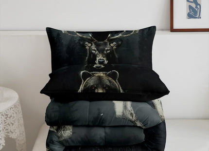 Castle Fairy Wild Animals Comforter Set Twin Size,Bear Deer and Eagle Bedding Set 2Pcs for Kids Boys Teens Adult Room Decor,Wildlife Hunting Quilt Set Dark Pine Tree Print Duvet Insert,1 Pillowcase