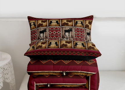 Erosebridal Wildlife Moose Comforter Sets Queen Rustic Cabin Lodge Bedding Sets Aztec Southwestern Native Tribal Comforter for Kids Adult Men Women,Hunting Woodland Animal Quilt Set Red Brown