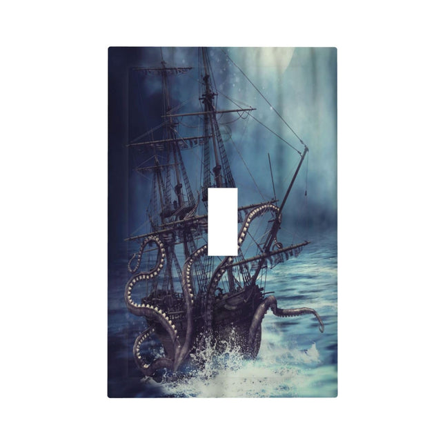 Octopus Ocean Kraken Nautical Pirate Ship 1 Gang Light Switch Covers Decorative Unique Single Toggle Wall Plate Switchcover Electrical Switchplate for Kitchen Bathroom Bedroom Decor