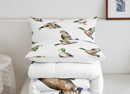 Feelyou Mallard Duck Bedding Set Hunting and Fishing Comforter Set Wild Animal Comforter for Boys Girls Kids Wildlife White Duvet Set Twin Size with 1 Pillow Case
