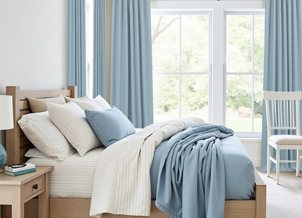 100% Blackout Curtains 90 Inches Long for Living Room 2 Panels Set Light Blocking Heat Darkening Energy Saving Curtain Window Coverings Coastal Beach Linen Farmhouse Drapes Bedroom Stone Blue Chambray