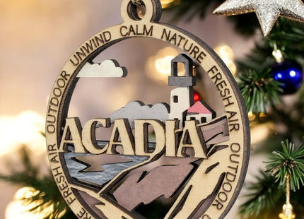 Acadia National Park Lighthouse - 3" Round Wood Christmas Ornament, Handmade in USA, 2-Layer Laser Cut with Color Artwork
