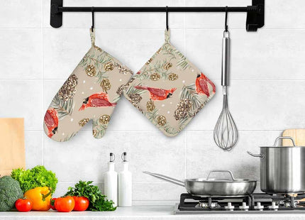 Mxocom Red Cardinal Birds Silicone Oven Mitts and Pot Holders Sets Fir Pine Twigs Cedar Cones Winter Xmas BBQ Gloves for Kitchen,Cooking,Baking,Grilling