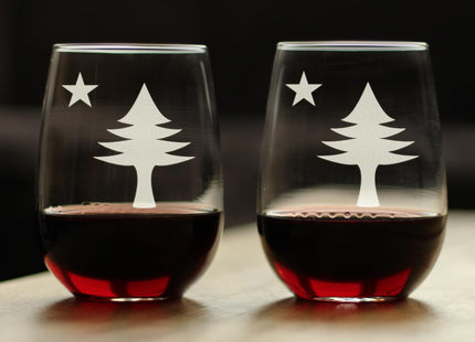 Bevvee Old Maine Flag Stemless Wine Glass for Mainers - 17 oz - Set of 2