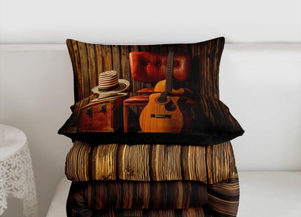 Erosebridal Acoustic Guitar Comforter King Vintage Instrument Bedding Set, Rustic Farmhouse Down Comforter Western Cowboys Hat Bed Set, Wooden Lodge Cabin Quilted Duvet Microfiber