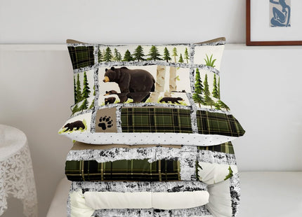 Feelyou Kids Adult Rustic Cabin Comforter Set,Rustic Bear Bedding Set Queen Size,Forest Wild Animals Comforter,Farmhouse Patchwork White Green Plaid Lodge Bed Set