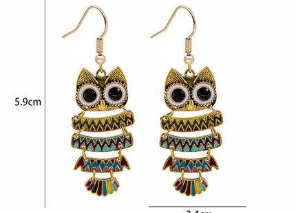 Boho Vintage Owl Drop Earrings, Cute Animal Dangle Earrings With Enamel Owl Hooks - Women's Jewelry