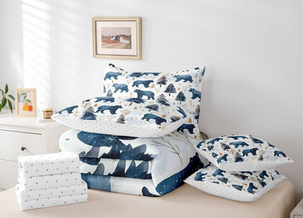 Erosebridal Cabin Bear 7 Piece Comforter Set Full | Wildlife Jungle Hunting Bed in A Bag Wild Animals Farmhouse Sheet Set Winter Snowflakes Pine Trees Fitted Sheet Breathable Lightweight