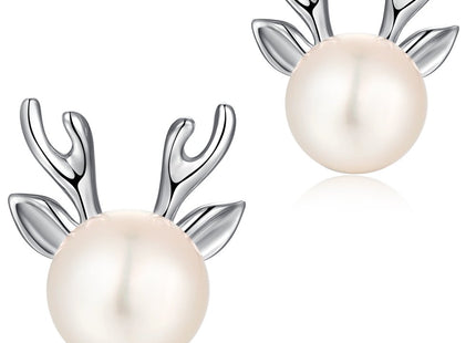 Silver Deer Reindeer Stud Earrings for Women 925 Sterling Silver Deer Pearl Earrings 8mm Deer Christmas Jewelry Han han