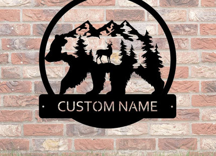 Deer Bear Forest Custom Name Sign Metal Wall Art Personalized Last Name Plaque Outdoor Metal Wall Art Personalized Gift for Wedding/Housewarming