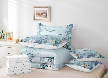 Ursine Seal 7 Piece Comforter Set Full Bed in a Bag,Teal Blue Ocean Beach Coastal Bedding Set Starfish Octopus Tentacles Sheet Sets with Comforter Creature Coral Bed Set,Kawaii Fish Room Decor