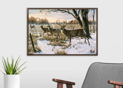 CANVAS ON DEMAND Cautious Crossing - Whitetails Walnut Float Framed Canvas Wall Art Print Contemporary, Home Decor, Deer, Natural Artwork, 24" x16in