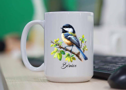 Yossbe Chickadee Coffee Mug, Personalized Chickadee Tea Cup With Name, Chickadee Bird Lover Mugs Gift For Men Women, Chickadee Cups For Birthday, Adorable Chickadee Bird White Ceramic Mug 11oz 15oz