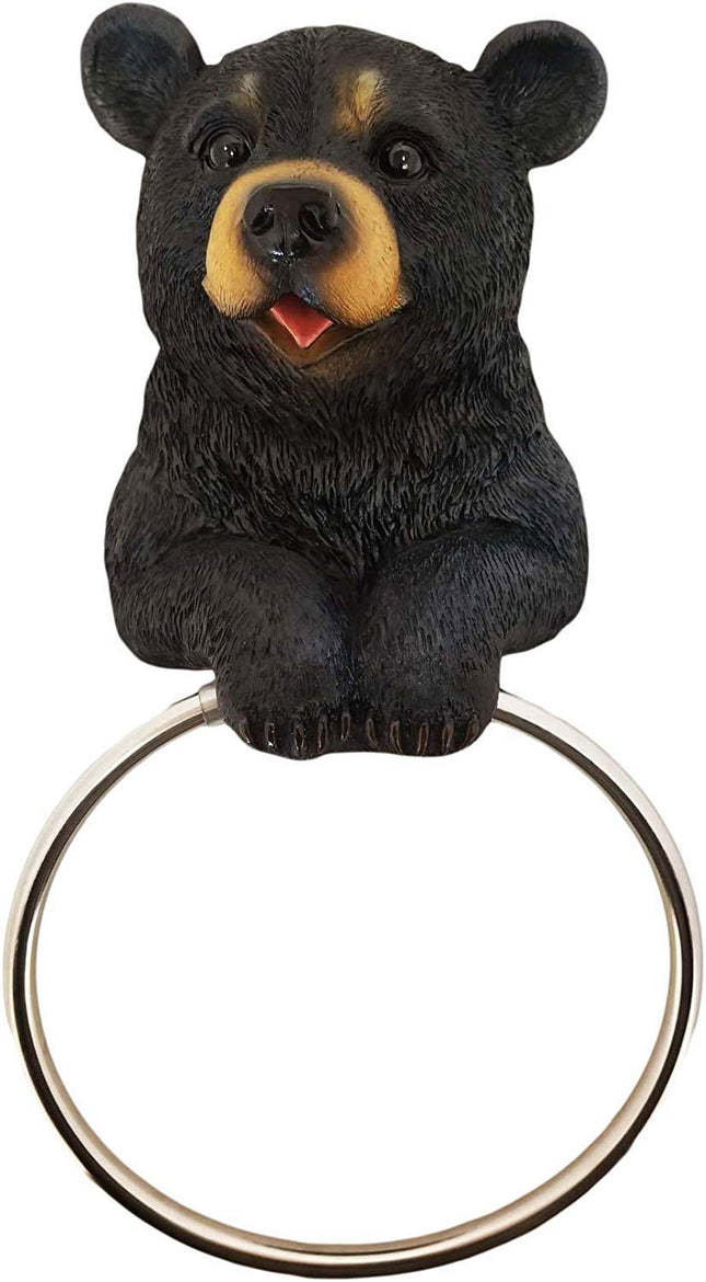 DWK 8-inch Hugo the Helper Black Bear Towel Holder Ring Rustic Woodland Forest Themed Kitchen Bathroom Cabin Decor