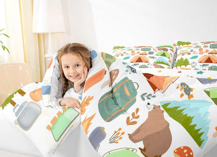 Cute Camper Car Comforter Set Full, Happy Camping Bedding Sets for Kids Girls Boys, Woodland Bear Hunting Theme Quilt Set, Camper Accessories Bedding, Travel Trailers Rv Decoration Down Comforter