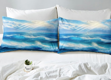 Erosebridal Sea Waves Fitted Sheet Twin Sunset Bedding Set Nautical Bed Cover Coastal Nature Theme Bed Set Blue Washable Breathable Decoration with Deep Pocket 2 Pcs
