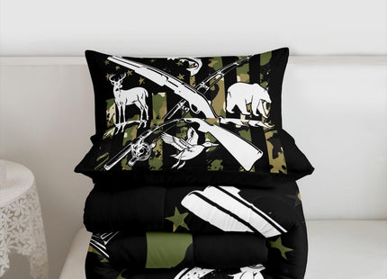Erosebridal Hunting Duck Bear Deer Comforter Set Fishing Bass Fish Bedding Set Queen for Boys Men Green Camo American Flag Down Comforter Camouflage Hunt Flag Quilt Duvet Insert with 2 Pillow Cases