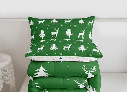 Manfei Christmas Deer Girls Bedding Set Twin Size, Snowflake Pine Tree Comforter Set，Rustic Farmhouse Xmas Quilt Comforter for Boys Teens,Green White Room Decor All Season,1 Pillowcase