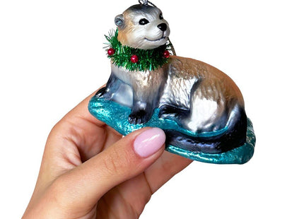 Cute Otter Glass Christmas Ornament, Exotic Animal Tree Decoration