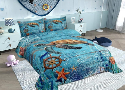 Sea Turtle Comforter Set Queen for Kids Boys Girls Sailing Route Room Decor Underwater World Bedding Comforter Aldults Bedroom Adventure Duvet Set 1 Comforter with 2 Pillow Cases,Lightweight Warm Soft