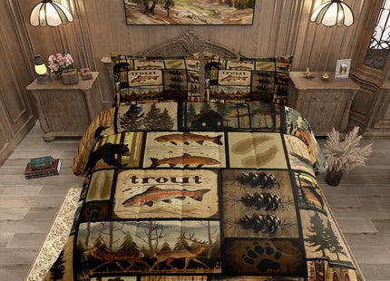 Feelyou Rustic Cabin Comforter Set Full Size, Wildlife Hunting Quilt Set Bear Deer Elk Fish Hunting Bedding Set for Kids Boys Teens Room Decor, Western Country Farmhouse Duvet Insert