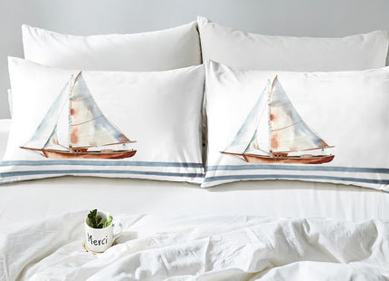 Feelyou Sailboat Printed Sheet Set Nautical Decor Bed Sheets for Kids Boys Girls Sea Adventure Bed Set Ocean Themed Modern Sheets Bedroom Collection 3Pcs Twin Size