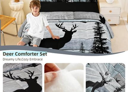 Western Bedding Set for Men Women,Rustic Deer Comforter Sets for Boys Teens Kids,Cabin Farmhouse Hunting Quilt King Size,Pine Trees Rustic Striped Down Comforter Set Wildlife Animal Print Duevt Insert