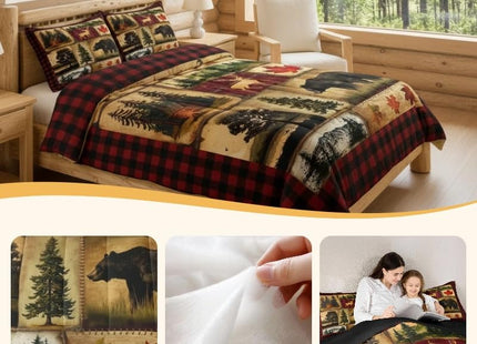 Bear Cabin Plaid Comforter Set Queen, Rustic Farmhouse Bedding Comforter Sets, Retro Hunting Deer Bedding, Country Woodland Pine Tree Duvet Set, Maple Leaf Lodge Decor Down Comforter, Red Black Brown
