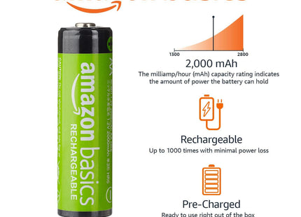 Amazon Basics 8-Pack Rechargeable AA NiMH Batteries, 2000 mAh, 1.2V, Low Self Discharge, Long-Lasting, Pre-Charged, Recharge up to 1000x Times