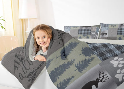 Hunting Deer Bear Comforter Sets Queen Size,Rustic Farmhouse Bedding 3pcs Kids Teens Men Cabin Home Decor Decor,Grey Plaid Patchwork Print Quilt Set Wild Animals Plants Duvet Insert,2 Pillowcases