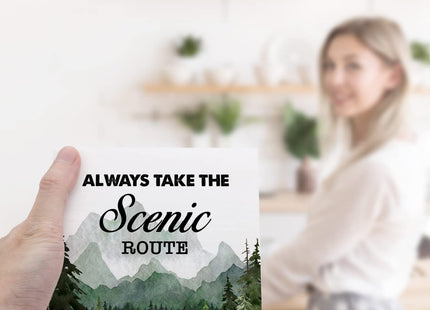 Green Always Take the Scenic Route Woodland Backdrop Camping Wood Plaque Sign Desk Decor,Rustic Camping Quote Wood Block Sign Desk Decoration for Home Camper RV Shelf Table Decor