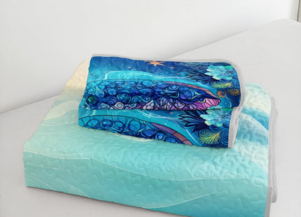 UEVBF Coastal Bedding Quilt Sets Queen Size,Summer Blue Sea Turtles Water Plants Nautical Bedding Quilt with 2 Pillowcases,Beach Themed Soft Lightweight Bedspread Coverlet.
